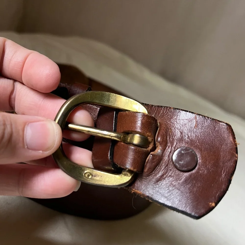 Vintage Brown Leather Ranger Belt Brass Buckle Western Distressed 1.75
